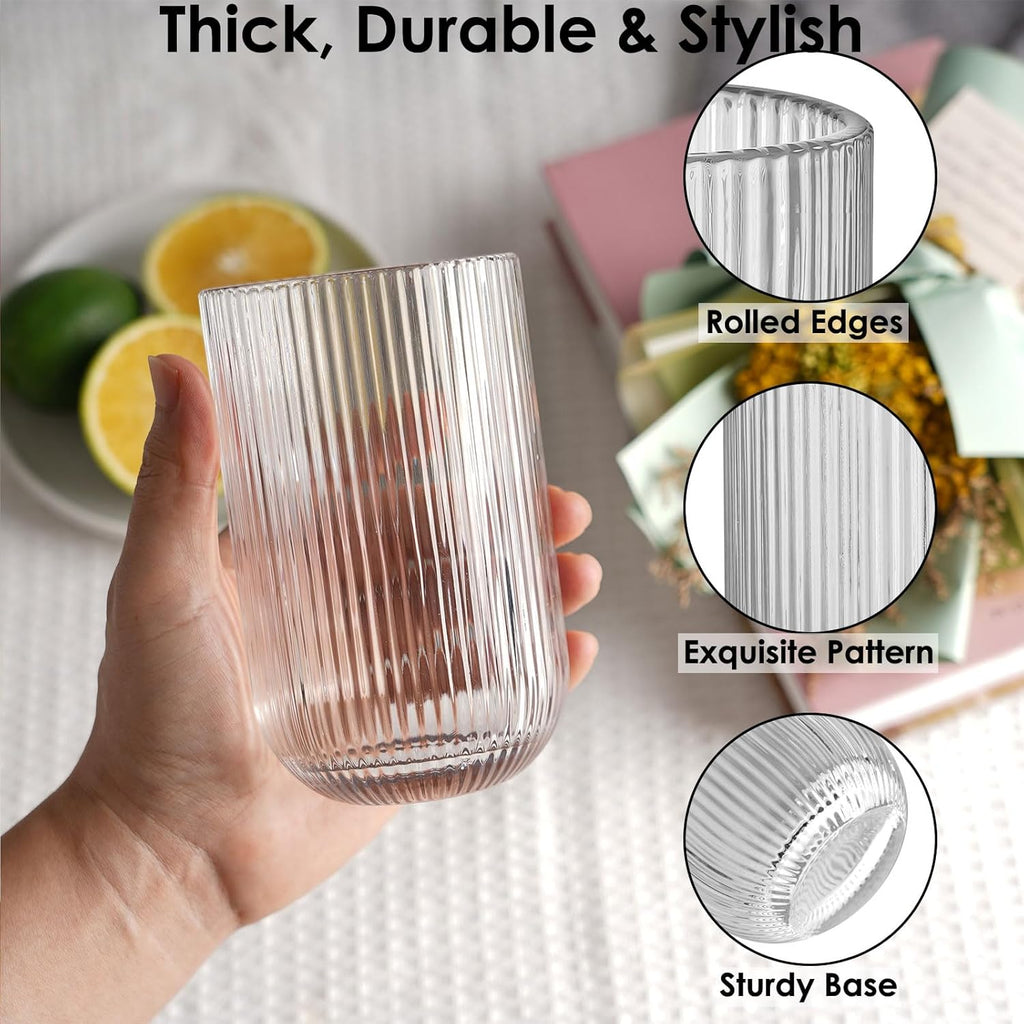 410ml Ribbed Highball Glasses Tall Hi Ball Glassware for Water Gin Juice Cocktail Ideal for Home Restaurant Events & Parties Dishwasher Safe