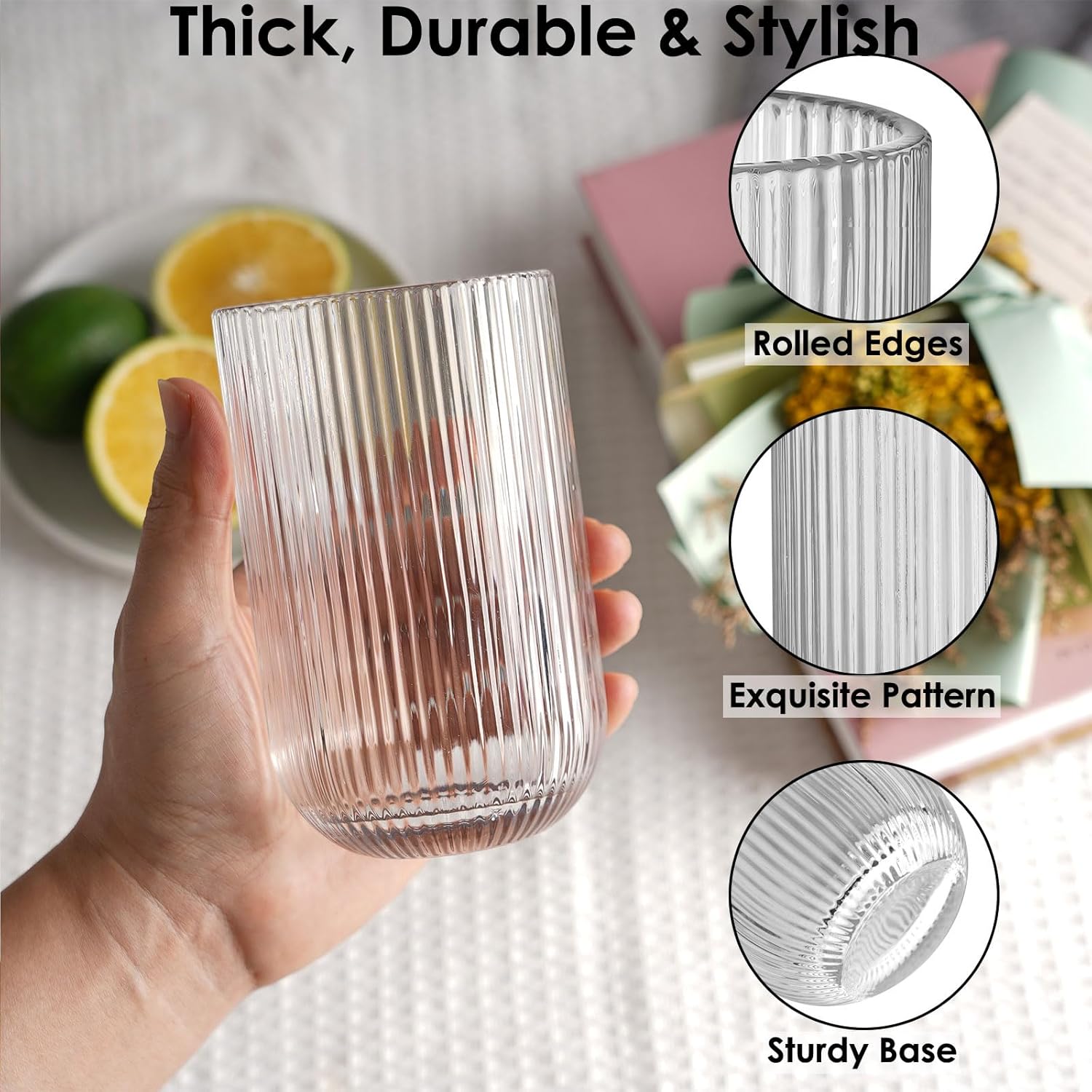 410ml Ribbed Highball Glasses Tall Hi Ball Glassware for Water Gin Juice Cocktail Ideal for Home Restaurant Events & Parties Dishwasher Safe