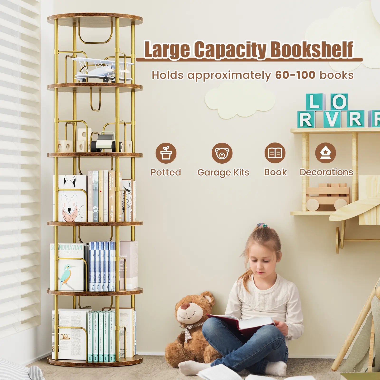 Flycity Rotating Bookshelf,3 Tier -5 Tier Spinning Bookshelf Tower,360° Display Unique Round Bookcase,Floor Standing Corner Revolving Bookshelf Storage Organizer for Home Study Office