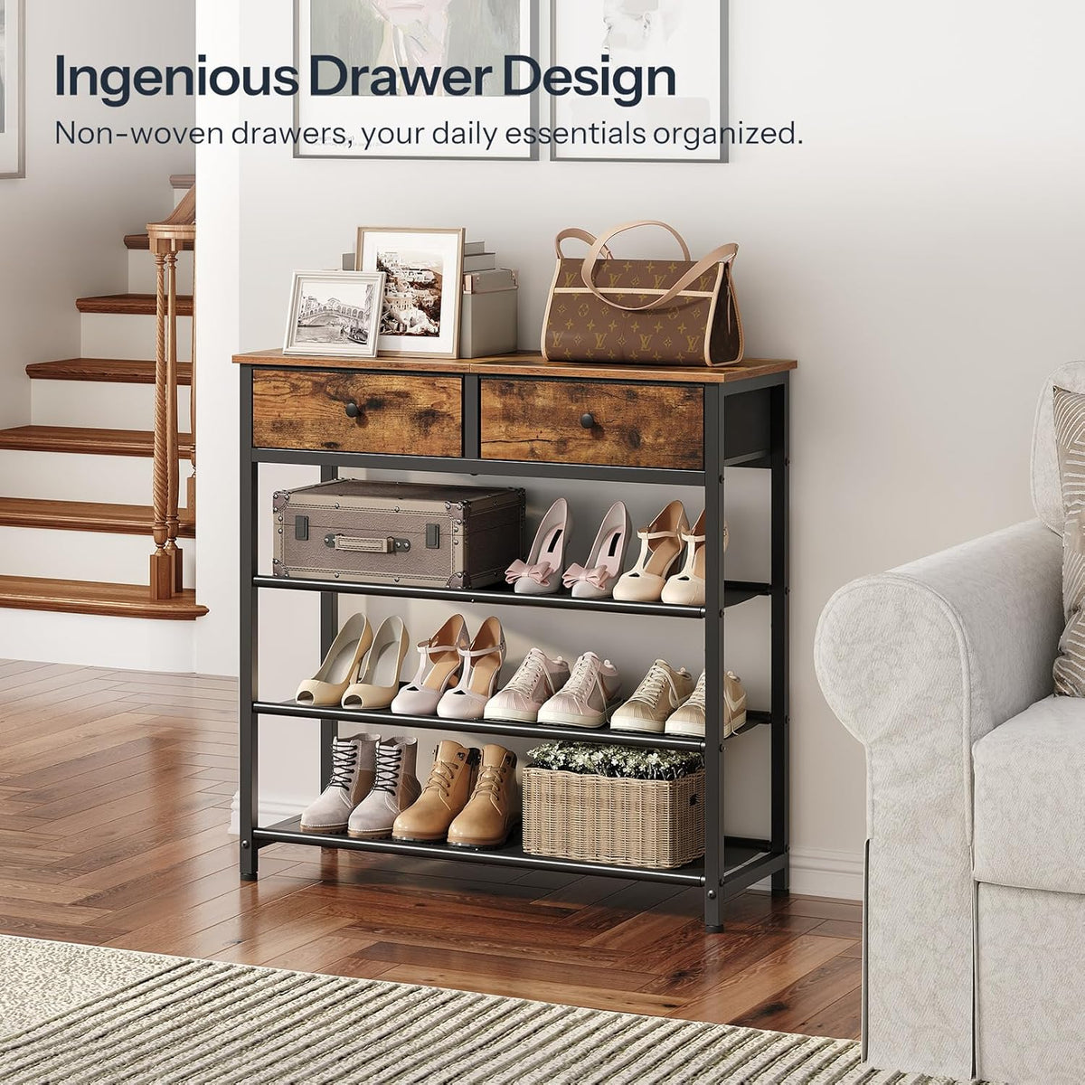 Shoe Rack,  Shoe Storage Organizer with 2 Non-Woven Drawers, 12-15 Pairs of for Entryway, Shelf with 3 Oxford Fabric Shelves and Wooden Top, Closet, Rustic Brown