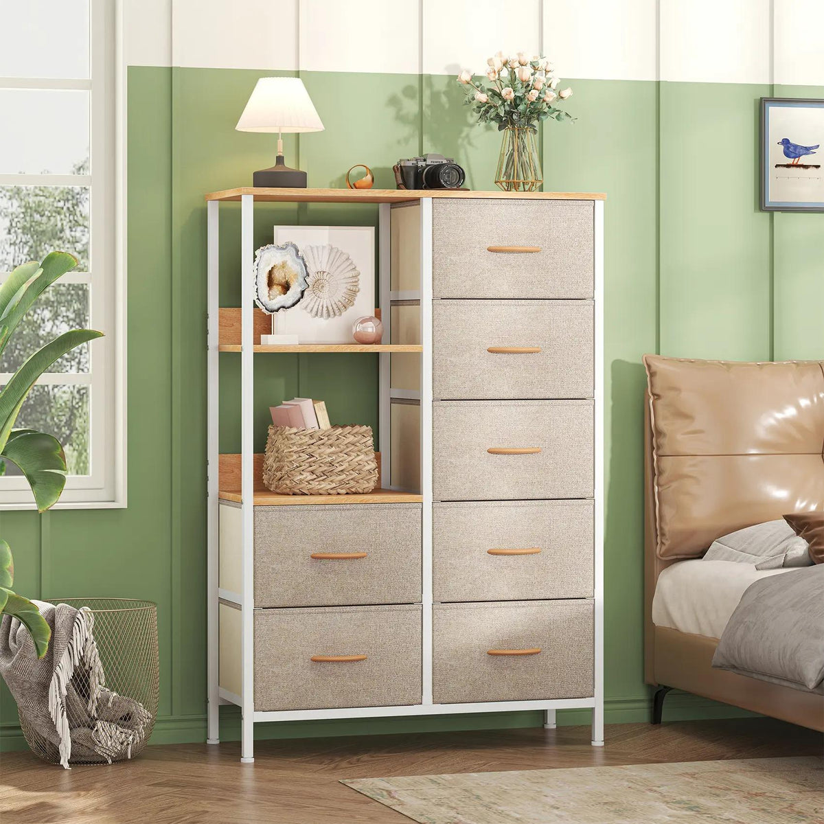 7-Drawer Fabric Storage Tower with Steel Frame & Wood Top Easy-Pull Handles for Bedroom Hallway Entryway & Closet Spacious Multi-Zone Storage Modern Aesthetic Lightweight & Easy to Relocate