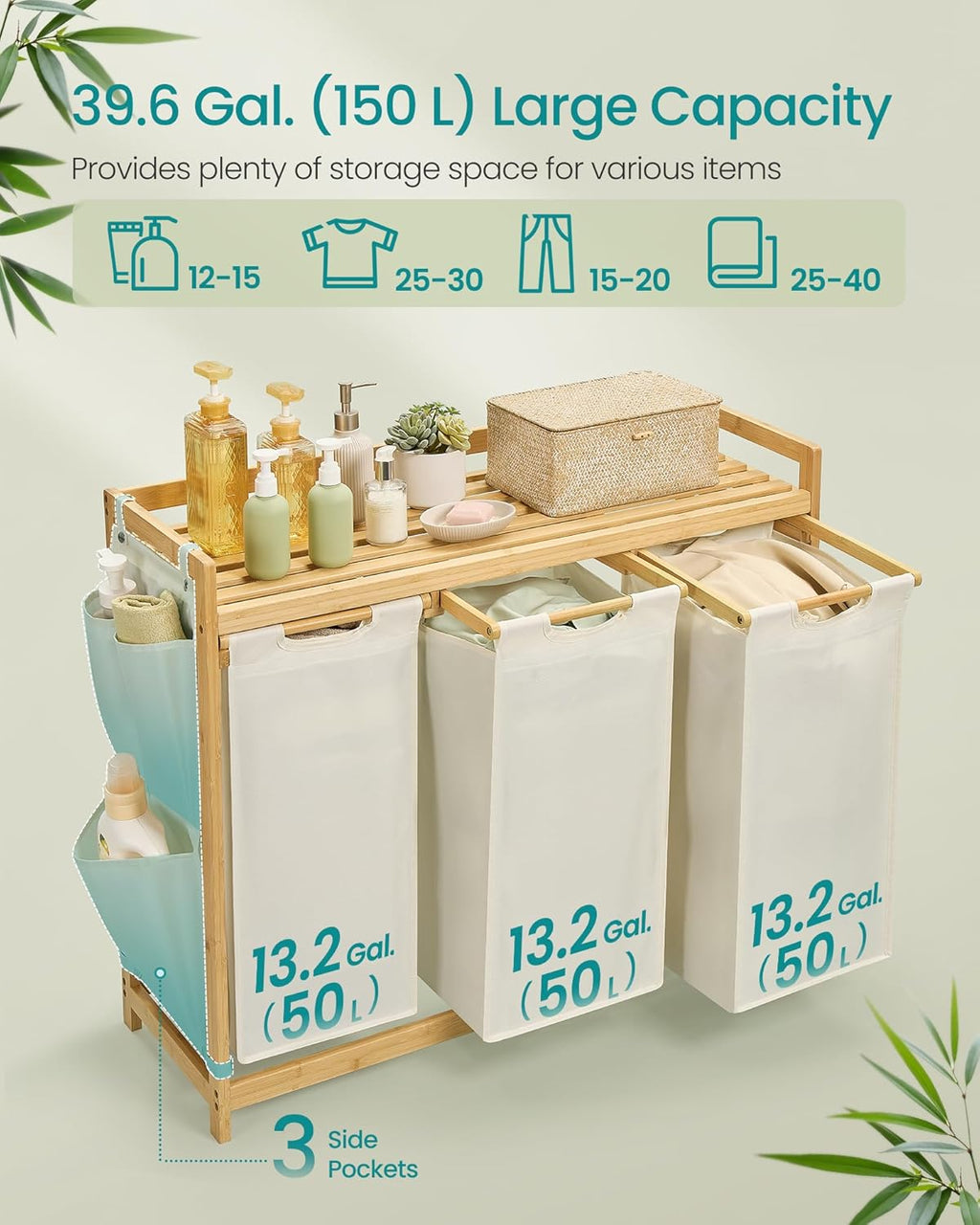 `Cream‑White Compartment Bamboo Laundry Sorter Hamper, Laundry Storage Organizer with Top Shelf, Removable Laundry Bags & Side Storage Pockets for Bathroom & Laundry Room`
