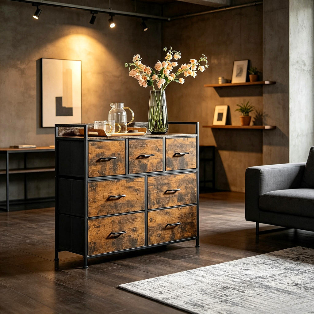 7-Drawer Fabric Chest of Drawers, Storage Organizer with Wooden Top, Sturdy Metal Frame & Soft Handles, Easy Assembly Multi-Purpose Cabinet for Bedroom, Entryway, Hallway, Kids Room, Nursery & Living Room