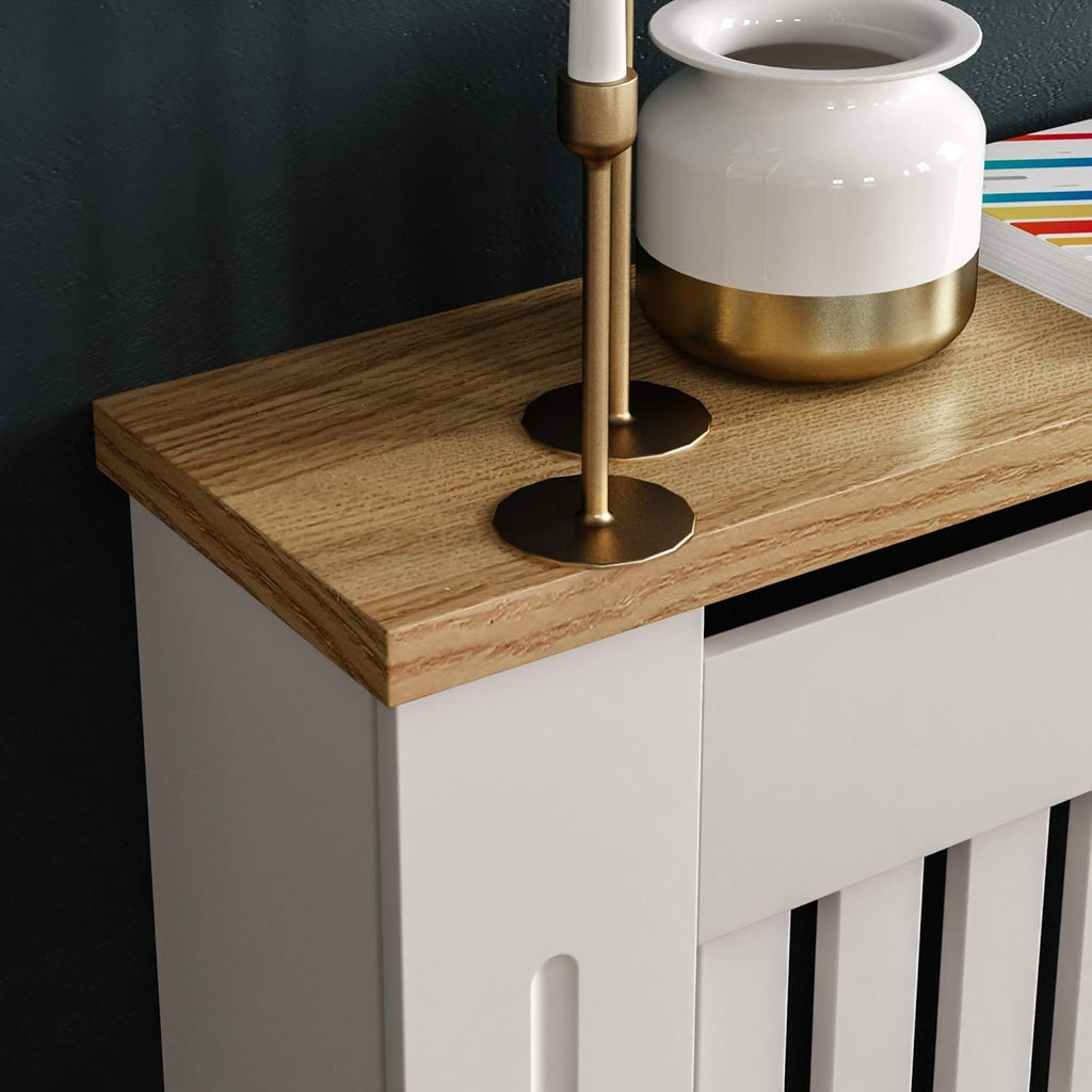 【NS】White MDF Radiator Cover with Wood Shelf – Modern Slatted Grill Design, Small Size (H: 83.3 / W: 78 / D: 19 cm) [Plus A Free Gift]