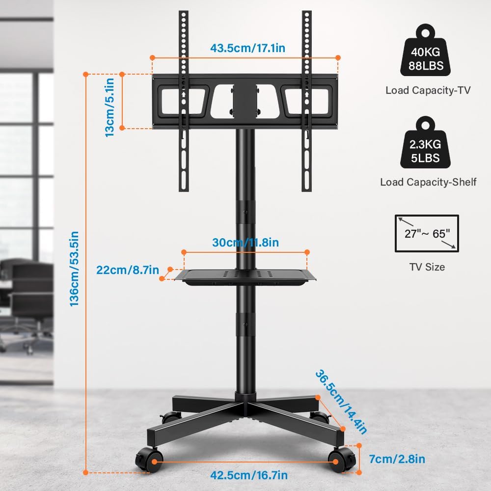 Height Adjustable Mobile TV Cart for 23-60 Inch Flat/Curved TVs - VESA 400x400 Max, Holds 40KG
