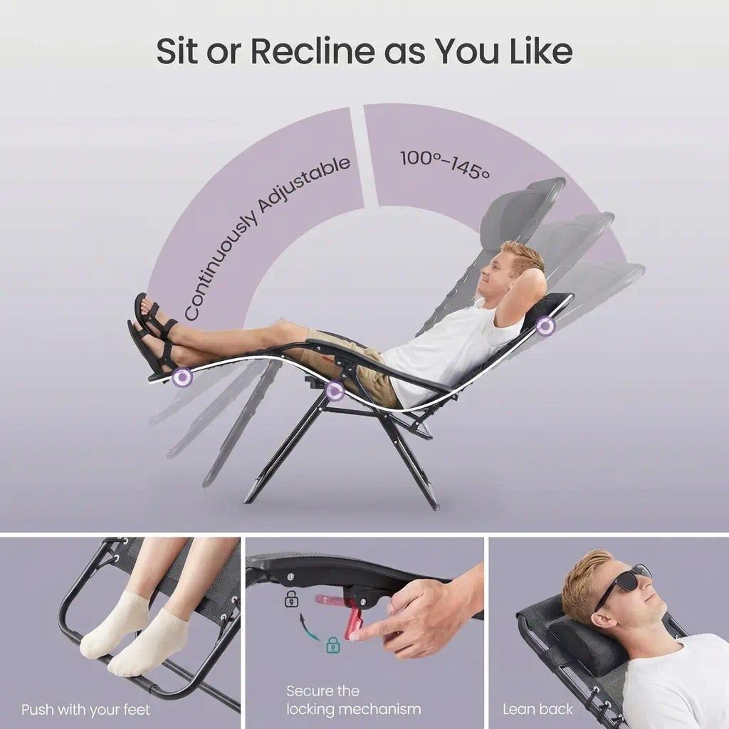 Zero Gravity Reclining Chairs Set of 2, Folding Sun Loungers with Tray, Adjustable Headrest, 110kg Capacity Each, Outdoor Patio Garden Furniture [Plus A Free Gift]
