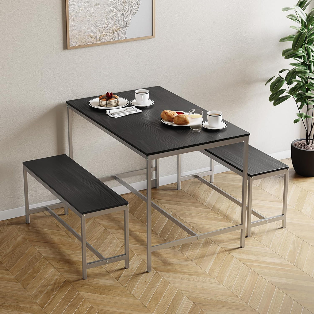 Industrial 3‑Piece Dining Table & Bench Set, 4‑Seater Space‑Saving Kitchen Dining Furniture, Heavy‑Duty Powder‑Coated Metal Frame & Durable MDF Tabletop for Dining Room, Small Apartment