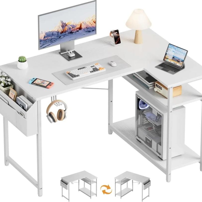 Small L‑Shaped Corner Gaming Desk, Reversible Storage Shelves Computer Desk with Storage Bag & Headphone Hook, Home Office Workstation for Study Writing Gaming