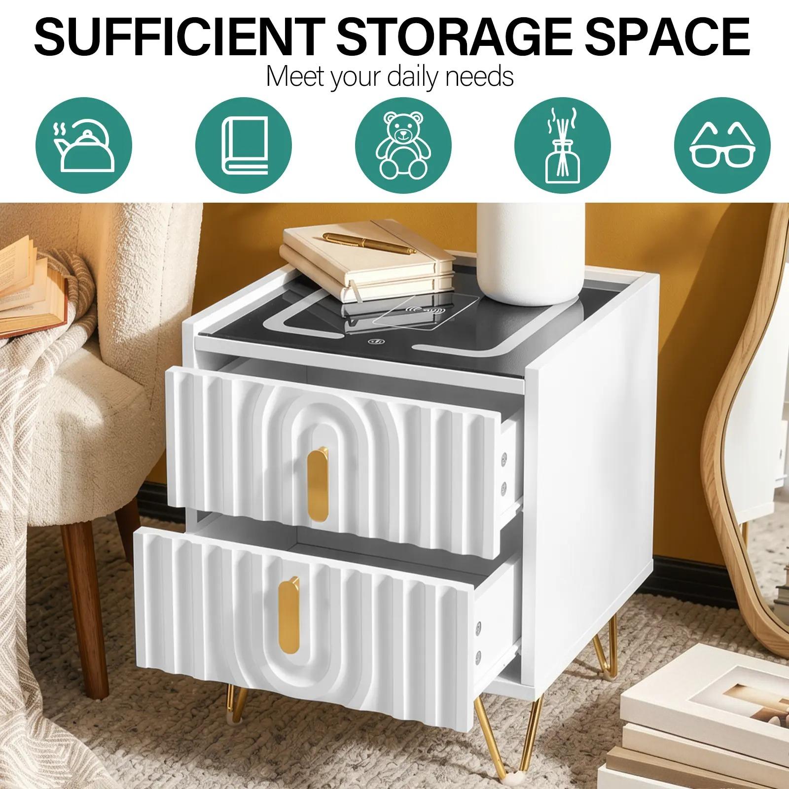 White & Gold Smart Nightstand with Fluted Drawer Fronts, Wireless Charging, Illuminated Glass Top, 2-Drawer Bedside Table [Plus A Free Gift]