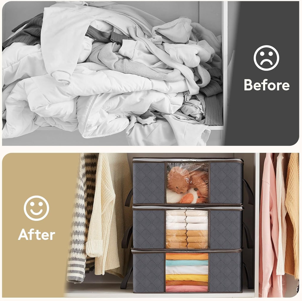 NS 35L Clothes Storage Bag Foldable Storage Boxes with Lids Underbed Wardrobe Storage Organiser with Sturdy Fabric Clear Window for Clothing Bedding Sweaters T-shirts Blankets, 3 Pack, Grey