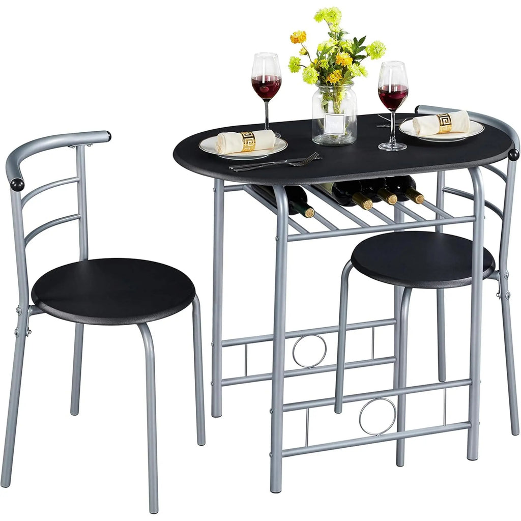 3-Piece Round Dining Table Set for 2 – Compact Breakfast Bar with Chairs, Metal Legs, Shelf & Built-in Wine Rack (Drift Brown)
