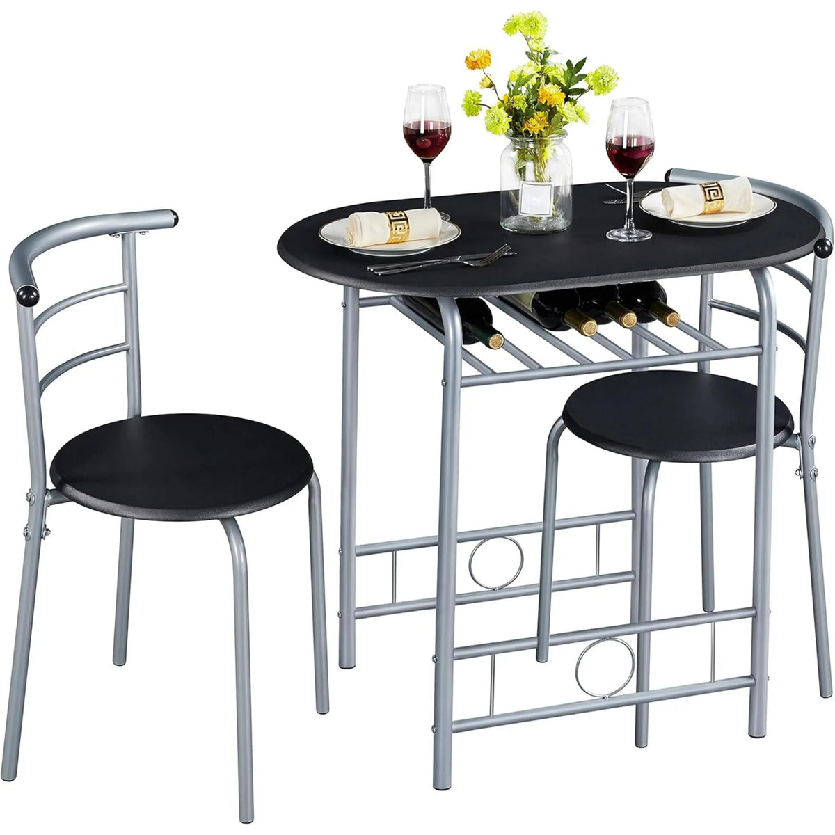 3-Piece Round Dining Table Set for 2 – Compact Breakfast Bar with Chairs, Metal Legs, Shelf & Built-in Wine Rack (Drift Brown)