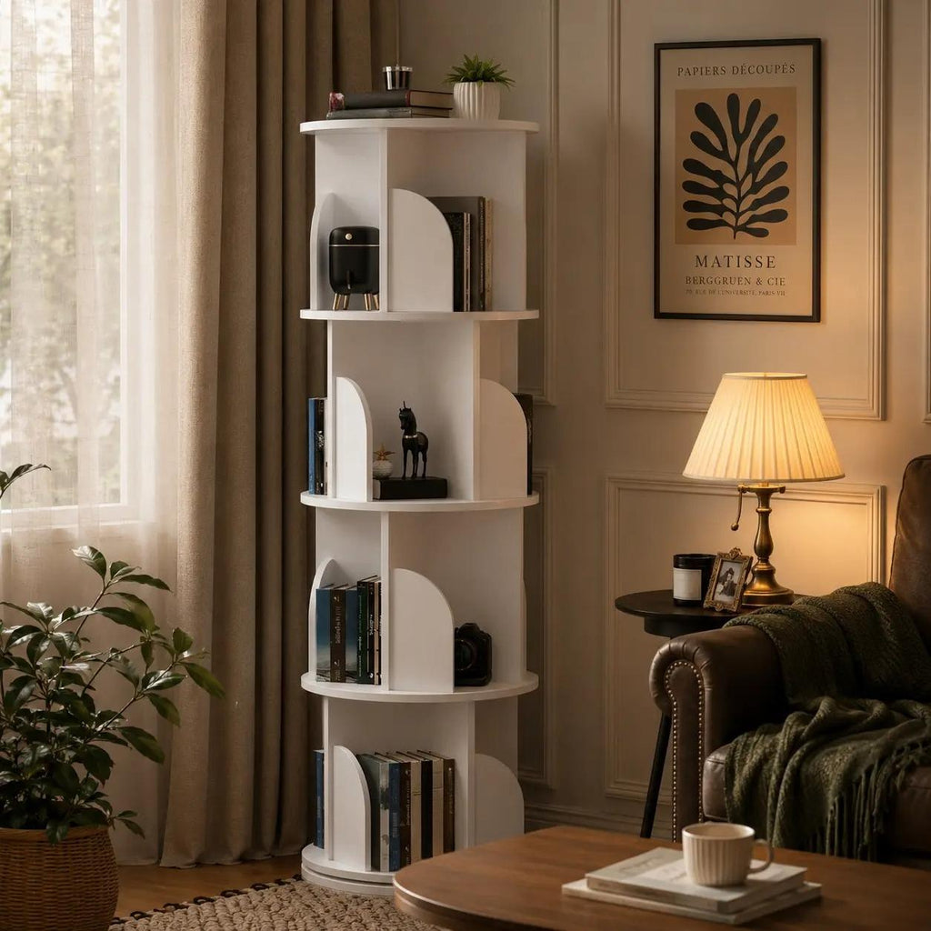4-Tier 360° Rotating Bookshelf Tower, White Spinning Freestanding Bookcase with Divided Open Storage Compartments, Vertical Rotating Display Shelf Organizer for Bedroom Living Room Study Home Office