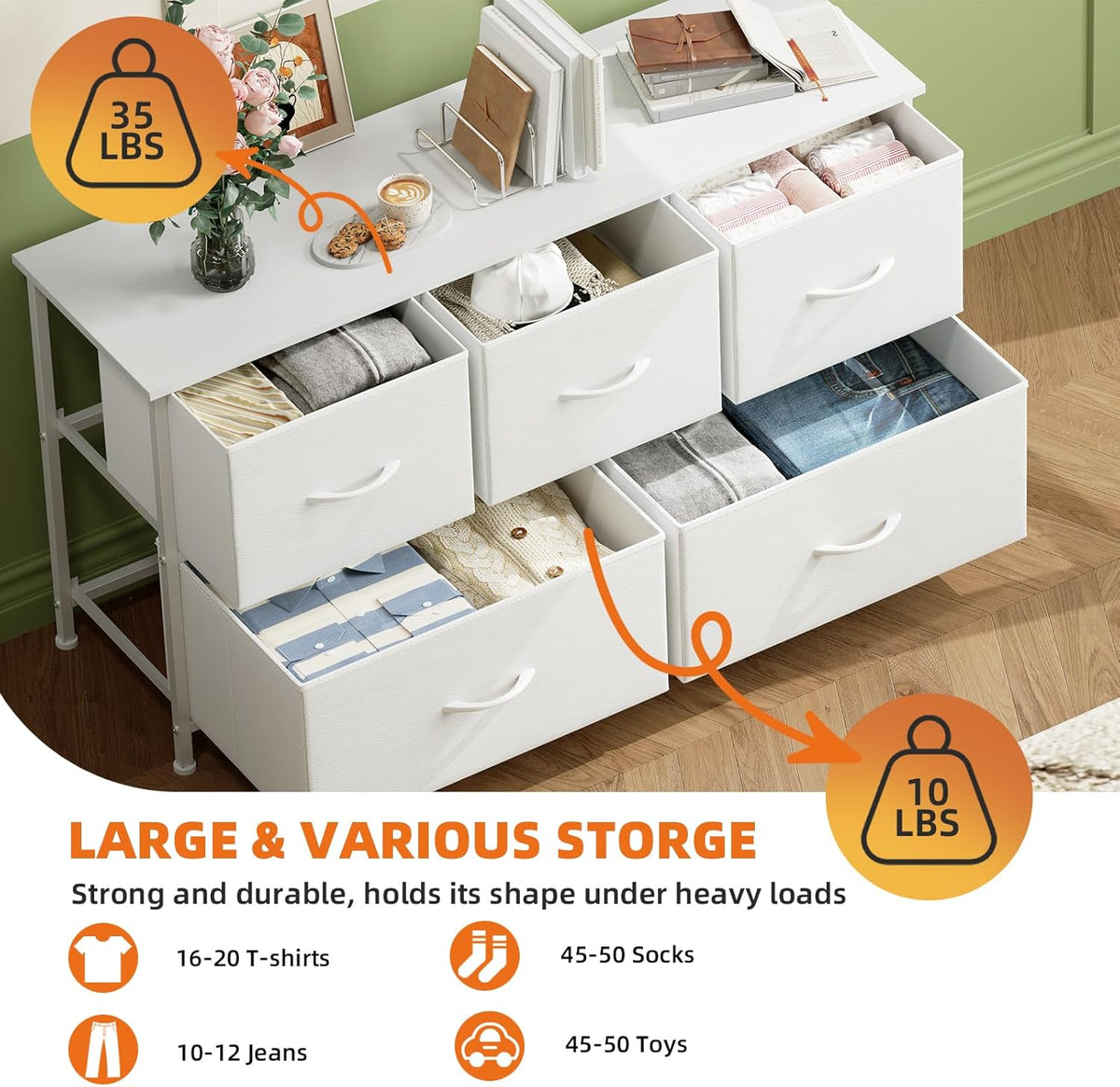 5 Drawers Faux Leather Chest of Drawers Wide Storage Organiser Dresser White Multi-Use Nightstand TV Stand Cabinet for Bedroom Closet Nursery Entryway Hallway 30 x 100 x 55 cm