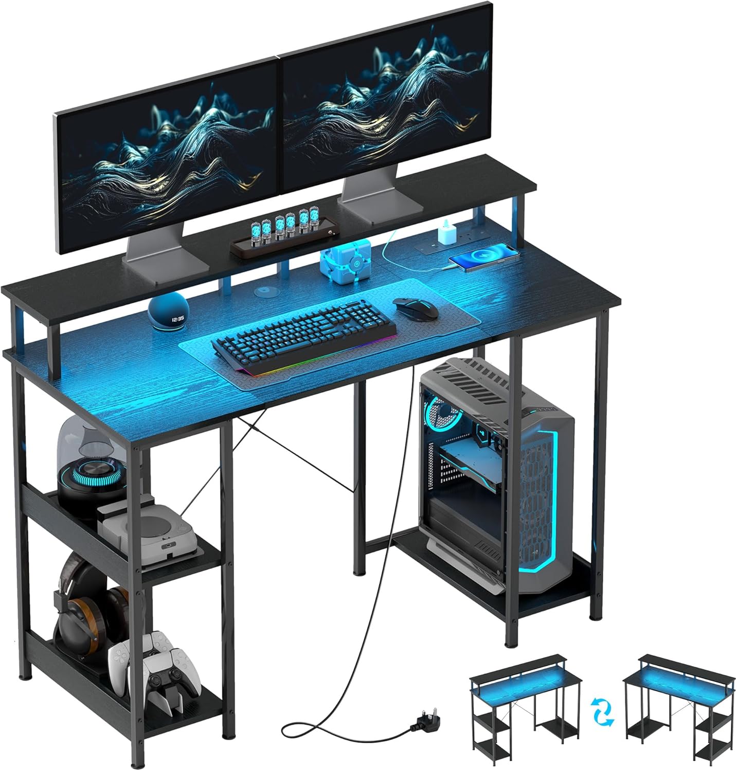 【NS】Computer Desk with Power Outlets and LED Lights, 120 x 50cm Reversible Home Office Desk with Monitor Stand and 2-Tier Storage Shelves, PC Table with Cable Management, Black