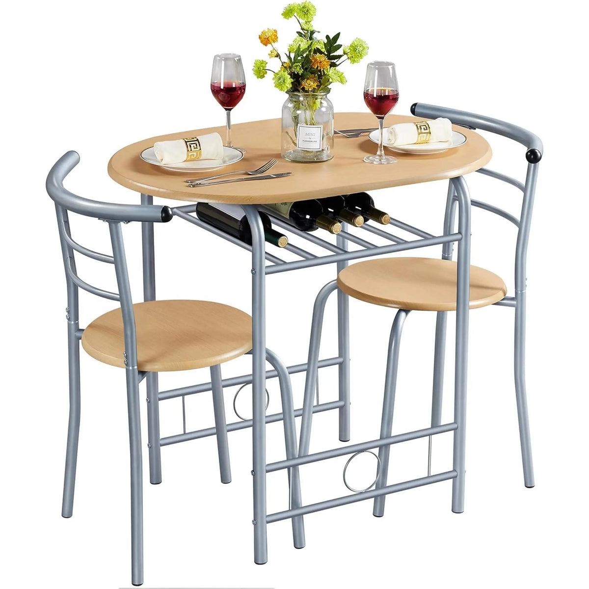 3-Piece Round Dining Table Set for 2 – Compact Breakfast Bar with Chairs, Metal Legs, Shelf & Built-in Wine Rack (Drift Brown)
