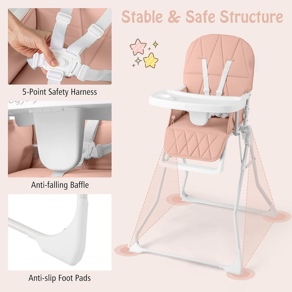 Foldable Baby High Chair, Compact Lightweight Toddler Feeding Highchair with 3‑Position Adjustable Tray & Footrest, Removable Seat Cushion, 5‑Point Safety Harness for 6‑36 Months