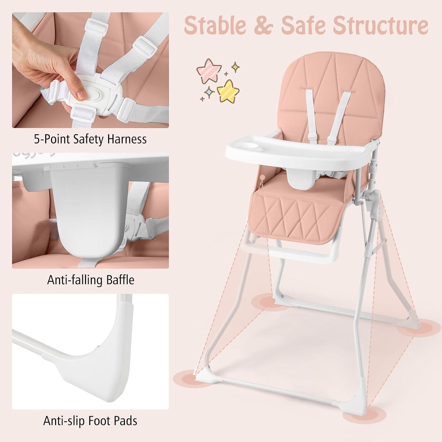 Foldable Baby High Chair, Compact Lightweight Toddler Feeding Highchair with 3‑Position Adjustable Tray & Footrest, Removable Seat Cushion, 5‑Point Safety Harness for 6‑36 Months
