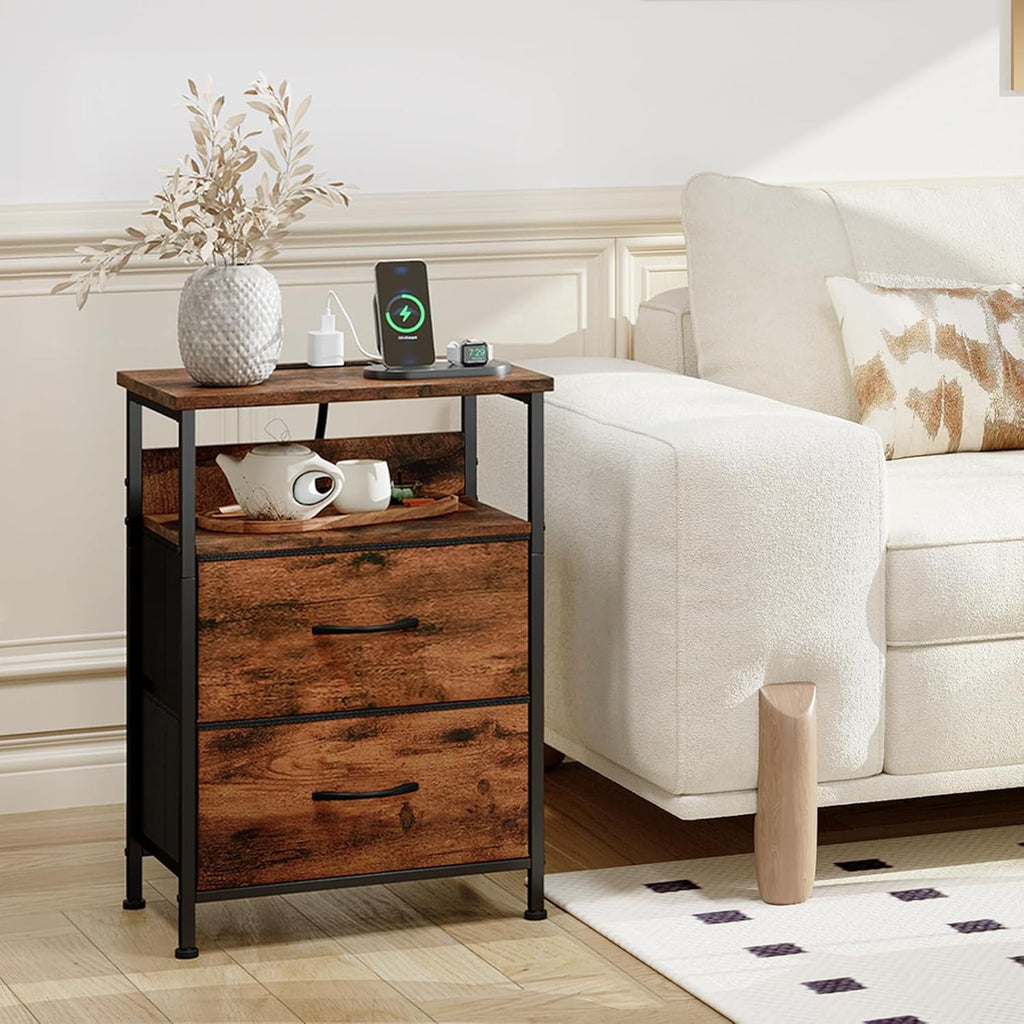 【NS】Bedside Table with Charging Station and LED Light, Bedroom 2 Drawers Bedside Cabinet with 2 Outlets and 2 USB Ports, Bed Side Table for Dorm Kids Room Closet, Wood Grain Print
