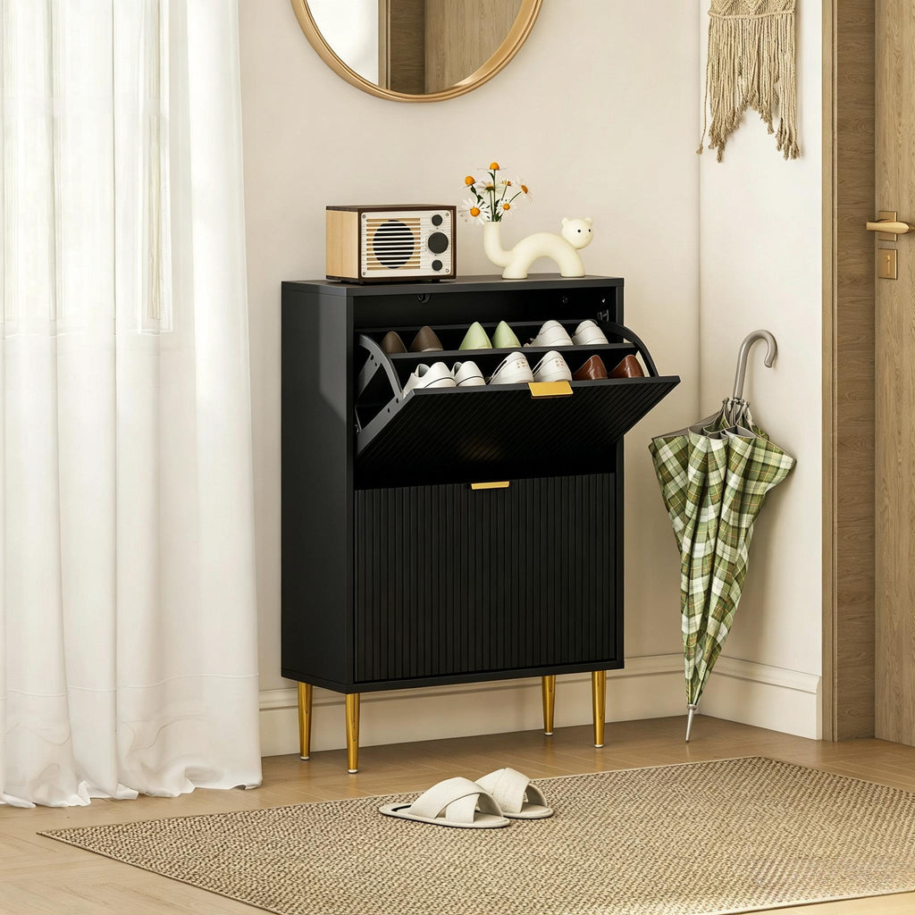 Narrow Shoe Cabinet with 2 Flip Drawers, Modern Slim Shoe Storage Cabinet with Fluted Doors, Gold Handles & Adjustable Shelves, Freestanding Shoe Organizer for Hallway Entryway, Holds 12 Pairs of Shoes