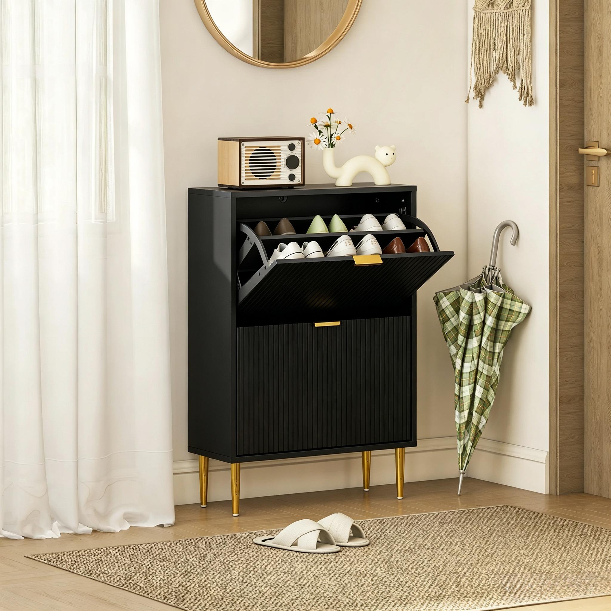 Narrow Shoe Cabinet with 2 Flip Drawers, Modern Slim Shoe Storage Cabinet with Fluted Doors, Gold Handles & Adjustable Shelves, Freestanding Shoe Organizer for Hallway Entryway, Holds 12 Pairs of Shoes