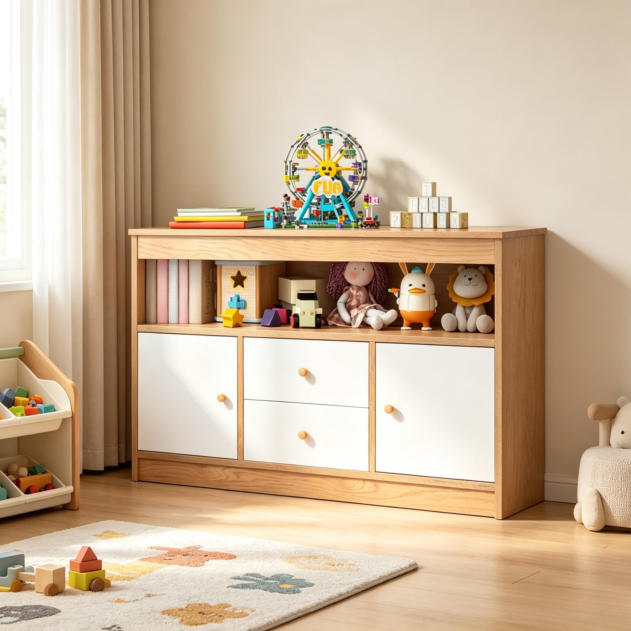 Wooden Kids Toy Storage Organizer, Children’s Bookcase with Open Shelf, 2 Cabinets & 2 Pull‑Out Drawers, Anti‑Tip Toy Books Storage Cabinet for Playroom, Bedroom, Nursery & Daycare`
