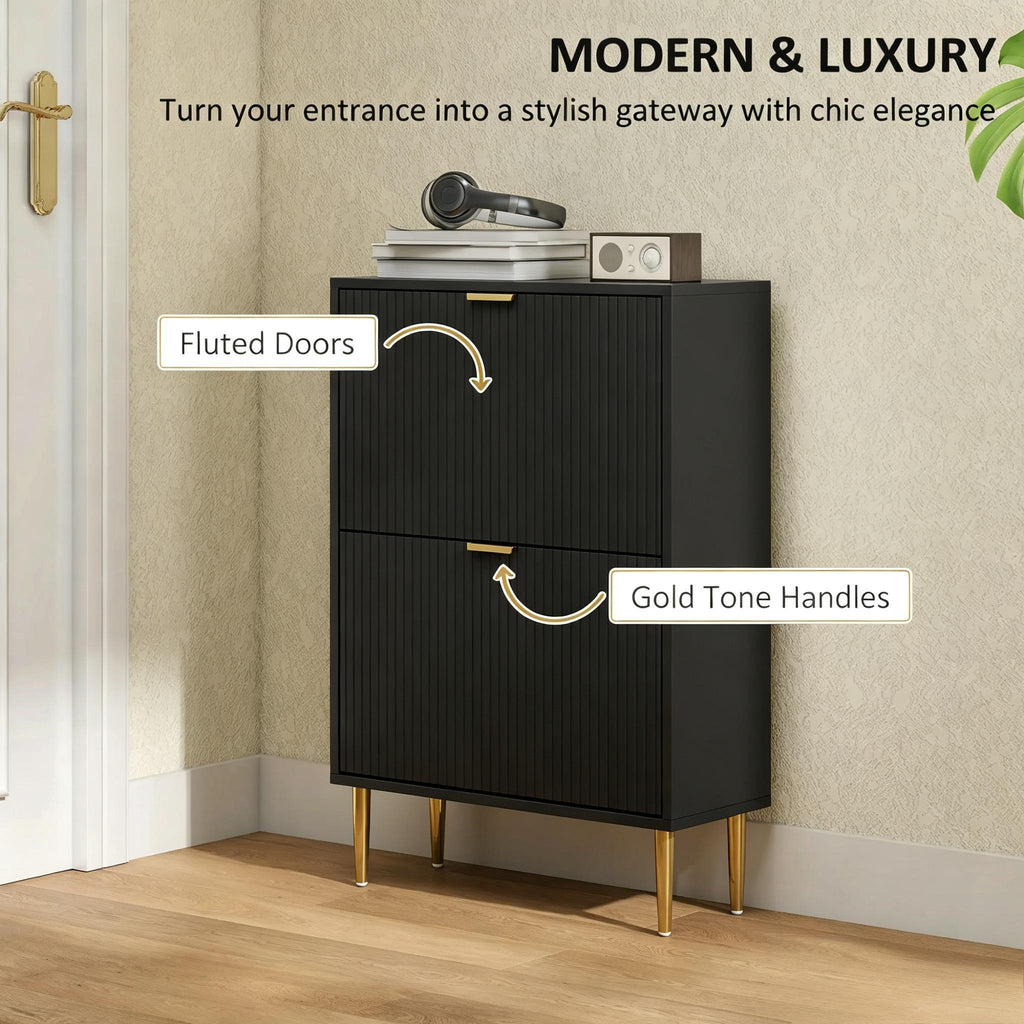 Narrow Shoe Cabinet with 2 Flip Drawers, Modern Slim Shoe Storage Cabinet with Fluted Doors, Gold Handles & Adjustable Shelves, Freestanding Shoe Organizer for Hallway Entryway, Holds 12 Pairs of Shoes