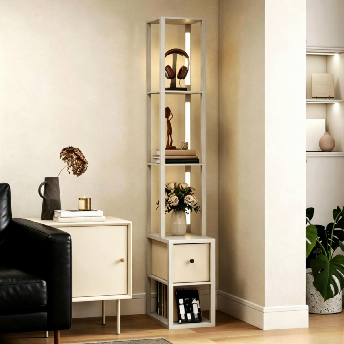 Modern Freestanding Column Floor Lamp, LED Standing Lamp with Multi-Layer Storage Shelves & Fabric Drawer, Adjustable Brightness with Foot Switch, Perfect for Living Room, Bedroom, Study and Office