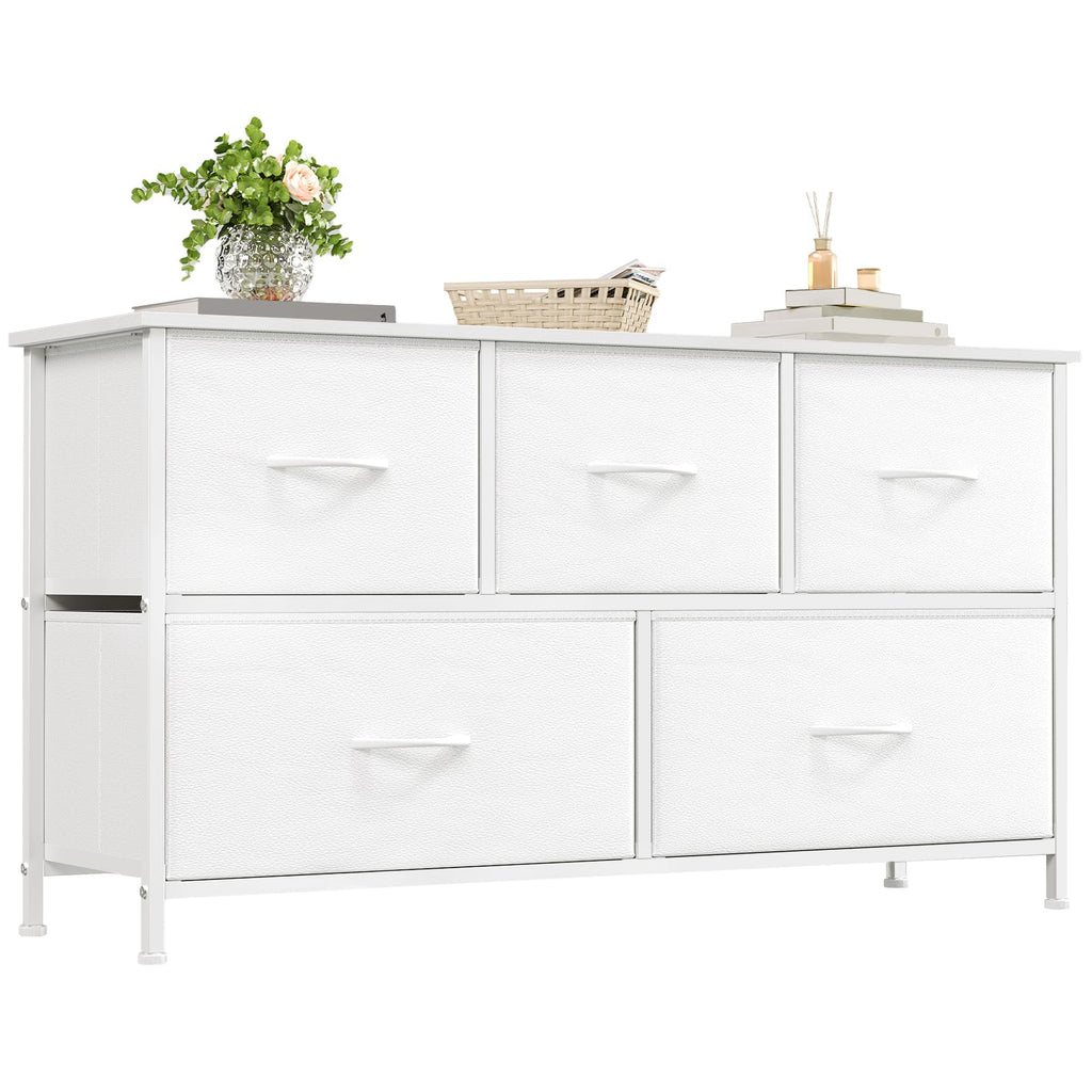 5 Drawers Faux Leather Chest of Drawers Wide Storage Organiser Dresser White Multi-Use Nightstand TV Stand Cabinet for Bedroom Closet Nursery Entryway Hallway 30 x 100 x 55 cm