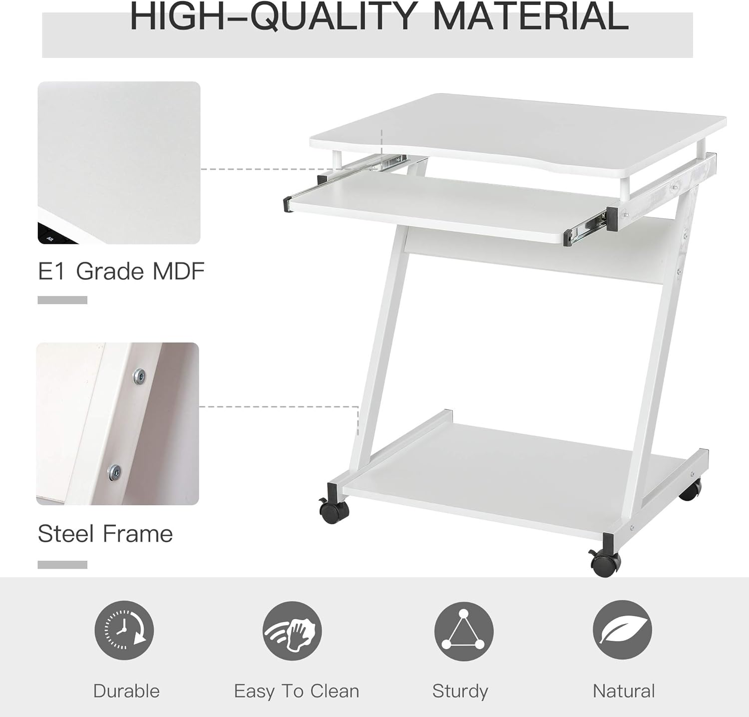 Movable Computer Desk with 4 Moving Wheels Sliding Keyboard Tray Home Office Workstation White