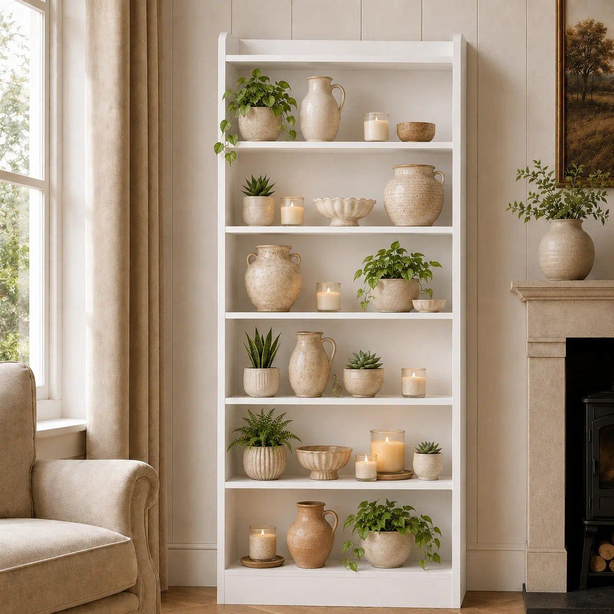 `Modern Tall Slim Open Bookcase, Freestanding Display Storage Shelf with Adjustable Shelves & Anti‑Tip Wall Anchor, Multi‑Purpose Unit for Books, Plants & Home Decor, Bedroom Living Room Office Study`
