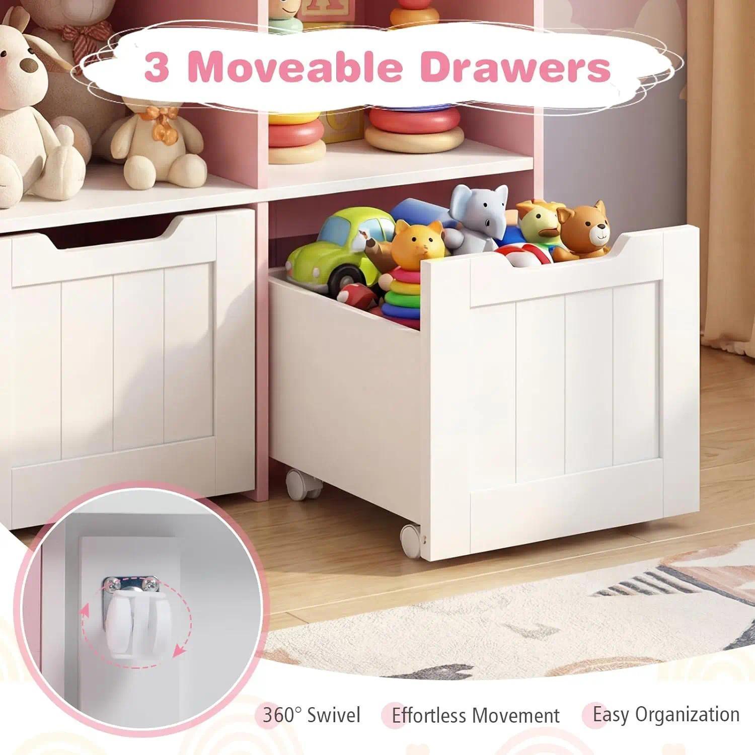 Wooden Kids Toy Storage Organizer Bookcase, 5 Open Cubes with 3 Rolling Wheeled Drawers, Multi‑Purpose Children Storage Cabinet for Playroom Kids Bedroom Nursery
