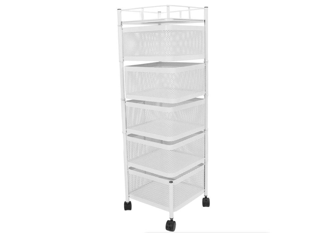 6 Tier Kitchen Rotating Storage Trolley Cart, Metal Mobile Rolling Shelf Rack Organizer with Drawers & Moveable Baskets, Multi‑Purpose Utility Cart for Vegetable Fruit Pantry Kitchen Supplies Home Storage