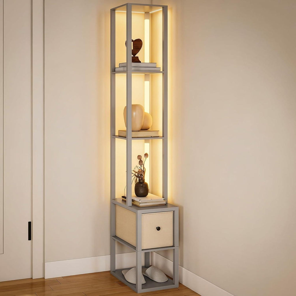 Modern Column Floor Lamp, LED Standing Lamp with Multi‑Tier Storage Shelves & Fabric Drawer, 3‑Level Adjustable Brightness with Foot Switch, Tall Display Lamp for Living Room, Bedroom, Study & Home Office