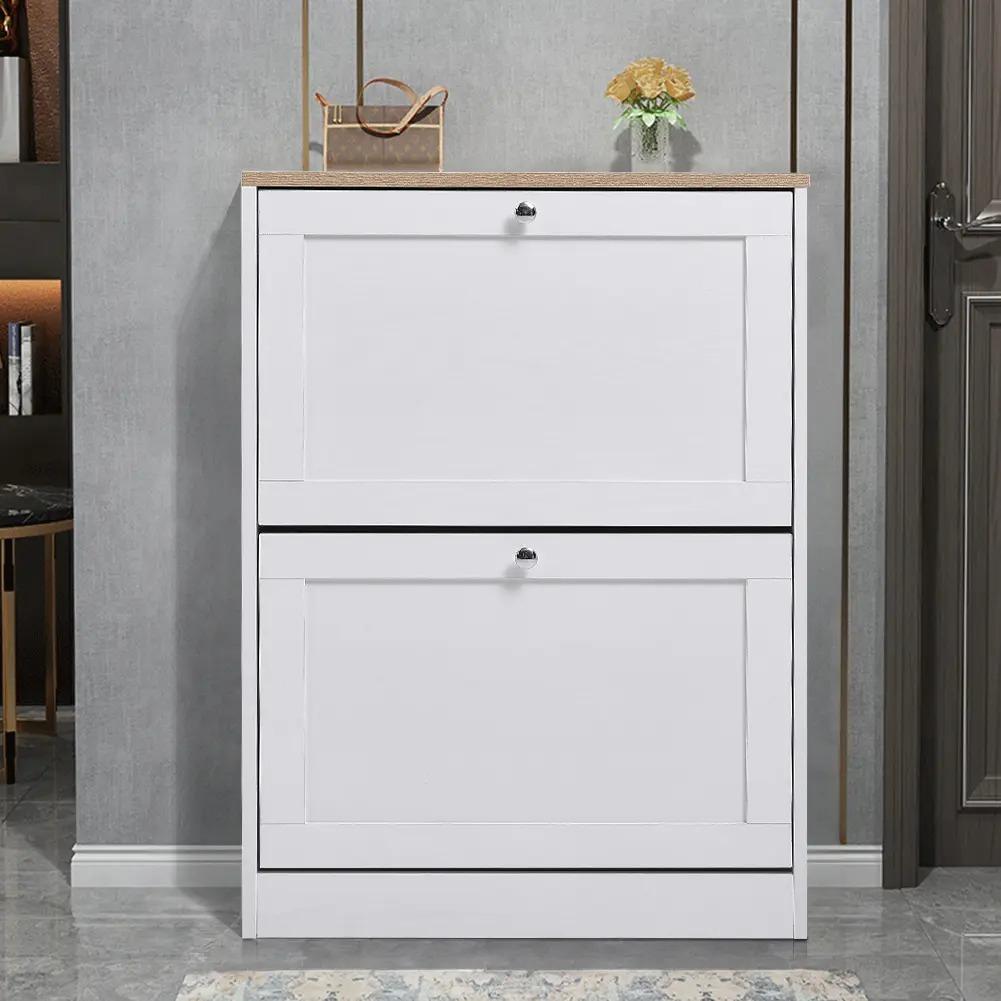 58cm Wide Shoe Storage Cabinet with 2 Flip‑Down Drawers, White Wooden Narrow Shoe Organizer, Slim Hidden Footwear Storage Cabinet for Entryway Hallway Living Room, Holds Up to 12 Pairs of Shoes