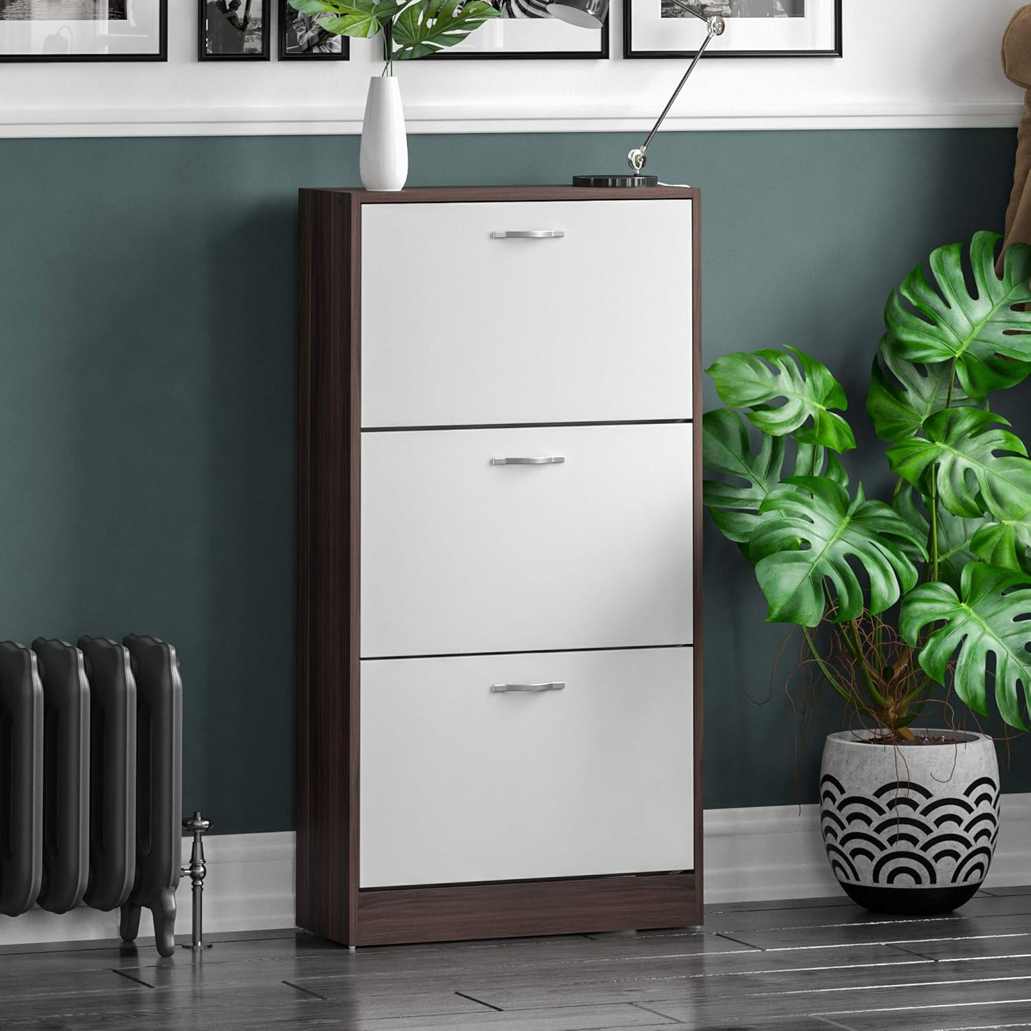 3-Drawer Shoe Cabinet (Various Colours) - Pull-Down Wooden Storage Organiser, H118xW60xD24cm, Wood Furniture Unit for Shoe Organization