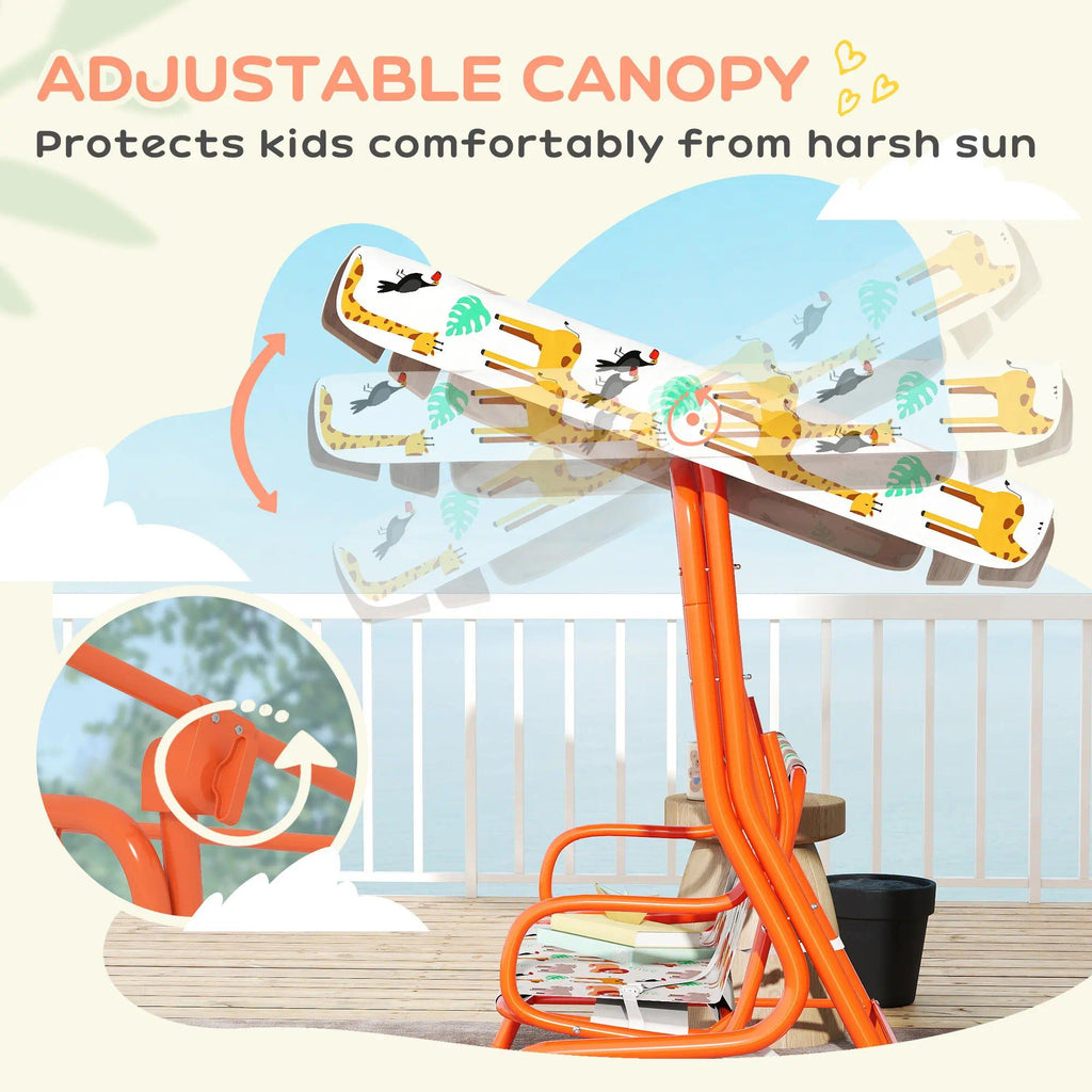 2‑Seater Kids Patio Swing Bench, Orange Weather‑Resistant Swing Chair with Adjustable Canopy & Safety Seat Belts, EN71 Certified Indoor Outdoor Swing Seat for Garden Patio Playroom Backyard