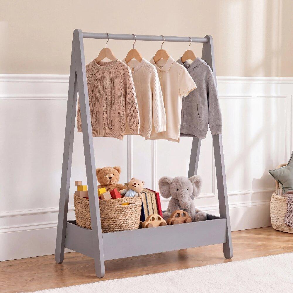 Solid Pine Wood Kids Clothes Rack with Storage Shelf – Space-Saving Hanging Rail for Toys & Footwear, Portable Black Stand for Children’s Bedroom (99H x 64.5W x 42D cm)  [Plus A Free Gift]