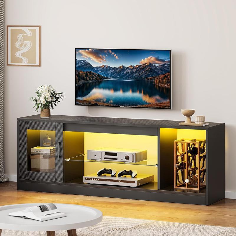 【NS】TV Cabinet Stand Unit, Modern Style TV Table for Flat Screens Up to 65 Inch, Open Adjustable Glass Storage Shelves for Living Room, Gaming, Entertainment Room, Hallway, Bedroom