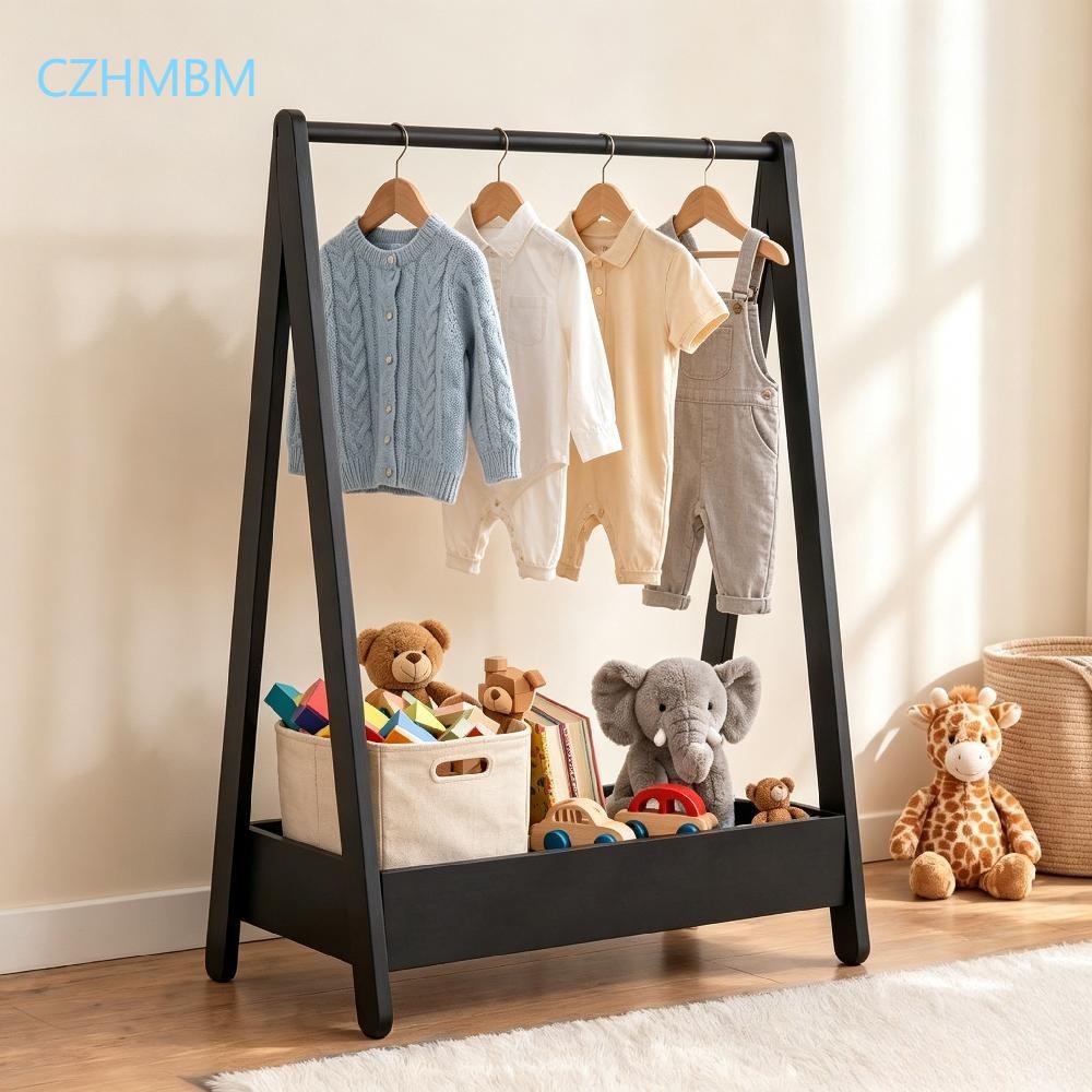 Solid Pine Wood Kids Clothes Rack with Storage Shelf – Space-Saving Hanging Rail for Toys & Footwear, Portable Black Stand for Children’s Bedroom (99H x 64.5W x 42D cm)  [Plus A Free Gift]