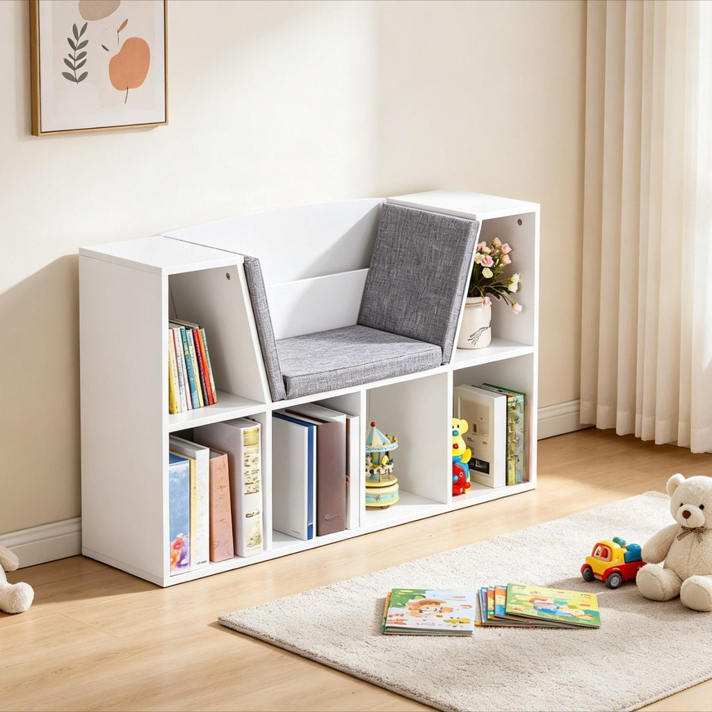 6‑Cube Kids Bookcase, Multi‑Functional Wooden Storage Organizer with Cushioned Reading Nook, Open Display Shelf Cabinet for Children Bedroom Playroom