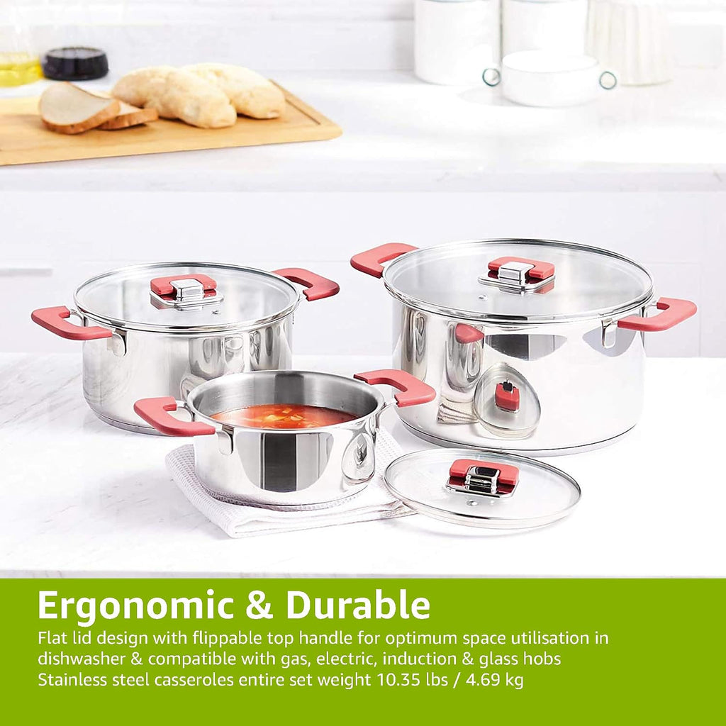 Basics 3‑Piece Stainless Steel Stackable Casserole Cookware Set, Induction Pots with Vented Lids & Soft‑Touch Handles, Dishwasher & Oven‑Safe, 16/20/24 cm