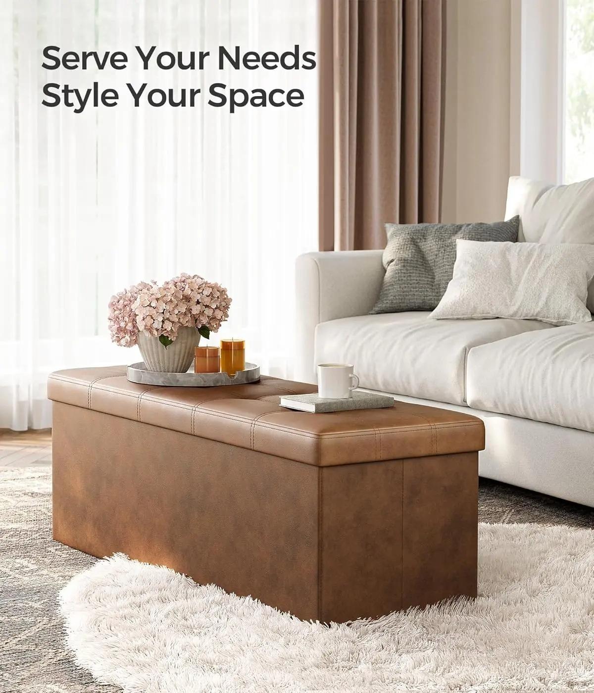 `Foldable Storage Ottoman Bench, 110×38×38cm Water‑Resistant Cube Foot Rest with Large Storage Space, 300KG Max Static Load, Space‑Saving Storage Chest for Living Room, Bedroom, Entryway`