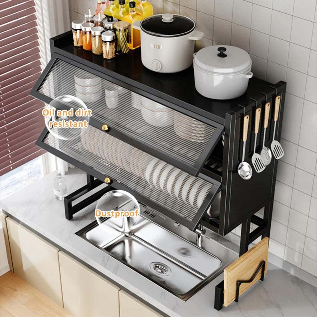 2‑Tier Over‑The‑Sink Dish Drying Rack, Black Carbon Steel Kitchen Counter Organizer with Acrylic Dust‑Proof Cabinet Doors, Dish Shelf & Spice Storage, Space‑Saving Sink Shelf, Size 95×28×90cm