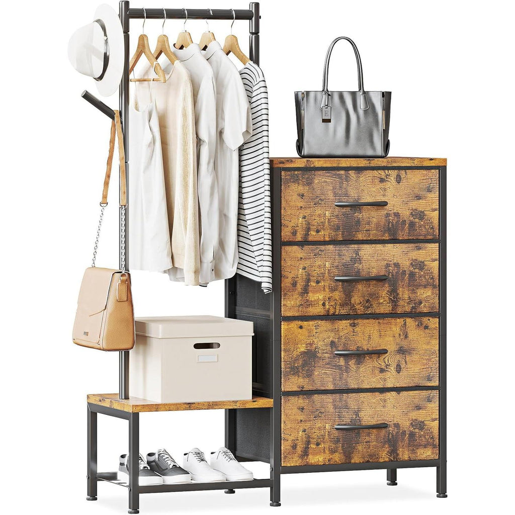 Retro Fabric Chest of Drawers, Multifunctional Storage Dresser with 4 Drawers, Clothes Hanging Rail & 2 Hooks, Double-Layer Shoe Rack Organizer, Stable Frame Storage Cabinet for Bedroom Entryway Home Furniture