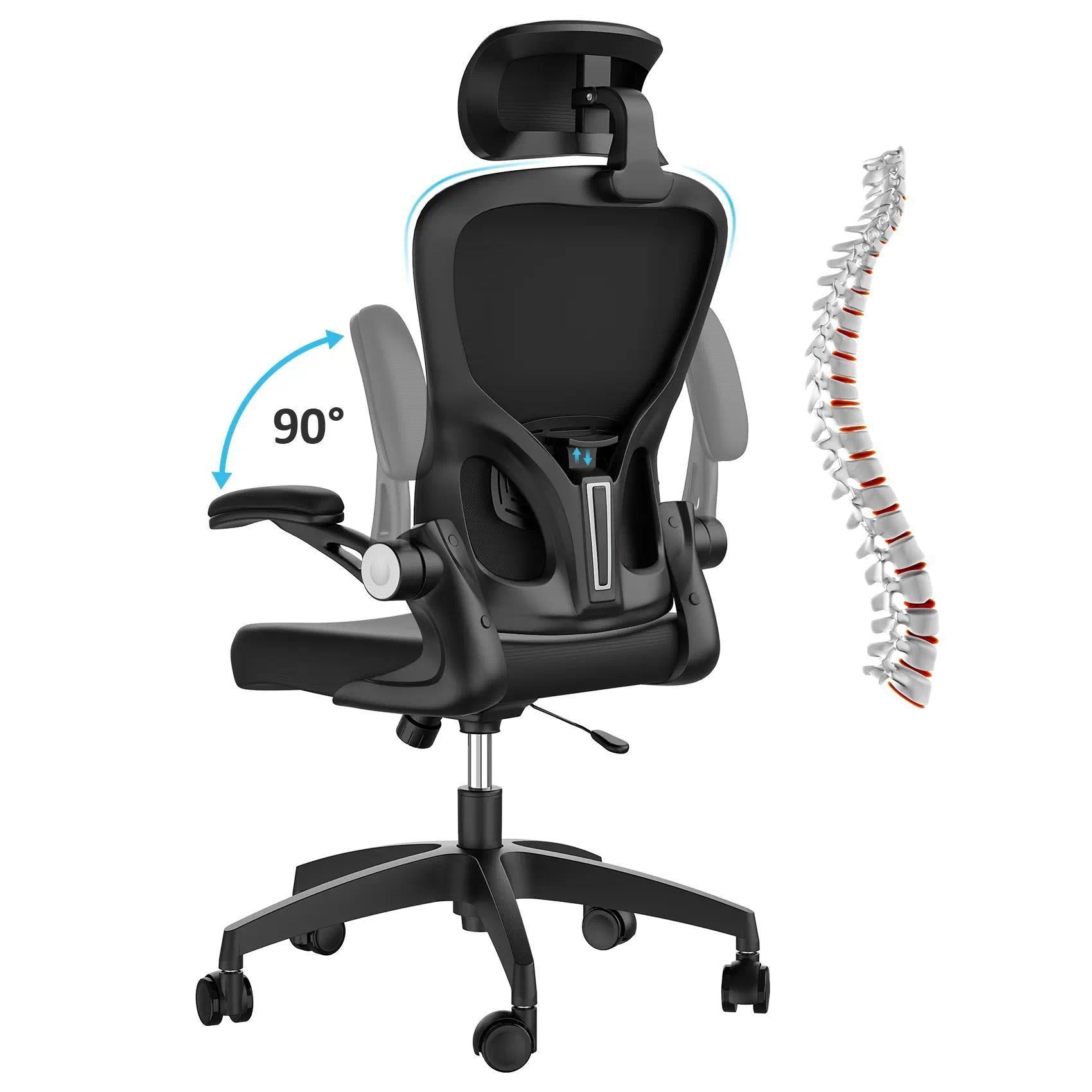 High‑Back Ergonomic Breathable Mesh Office Desk Chair, Adjustable Headrest & Lumbar Support, Flip‑Up Armrests with Rocking Tilt Function, 360° Swivel Rolling Computer Chair for Home Office Study & Gaming