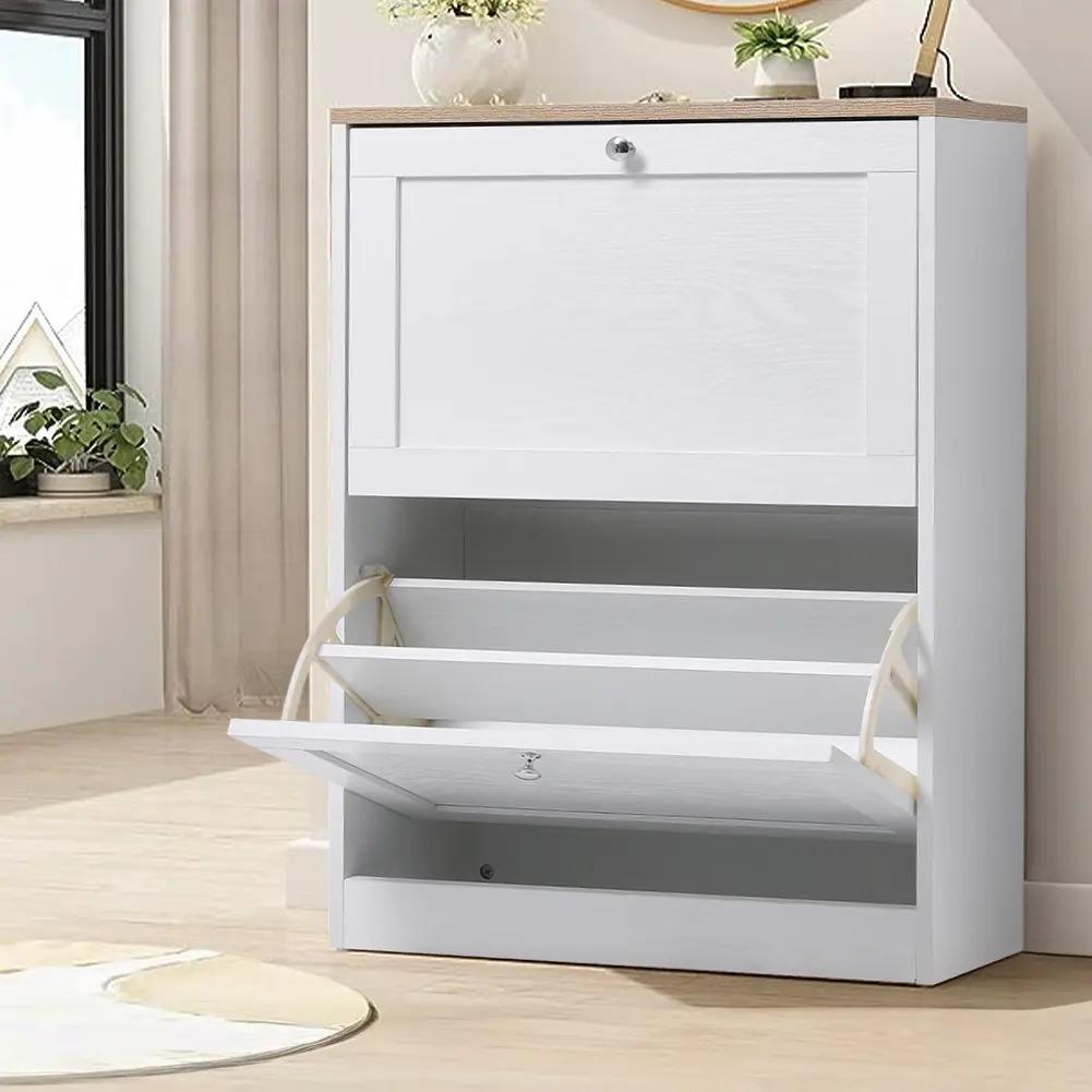58cm Wide Shoe Storage Cabinet with 2 Flip‑Down Drawers, White Wooden Narrow Shoe Organizer, Slim Hidden Footwear Storage Cabinet for Entryway Hallway Living Room, Holds Up to 12 Pairs of Shoes