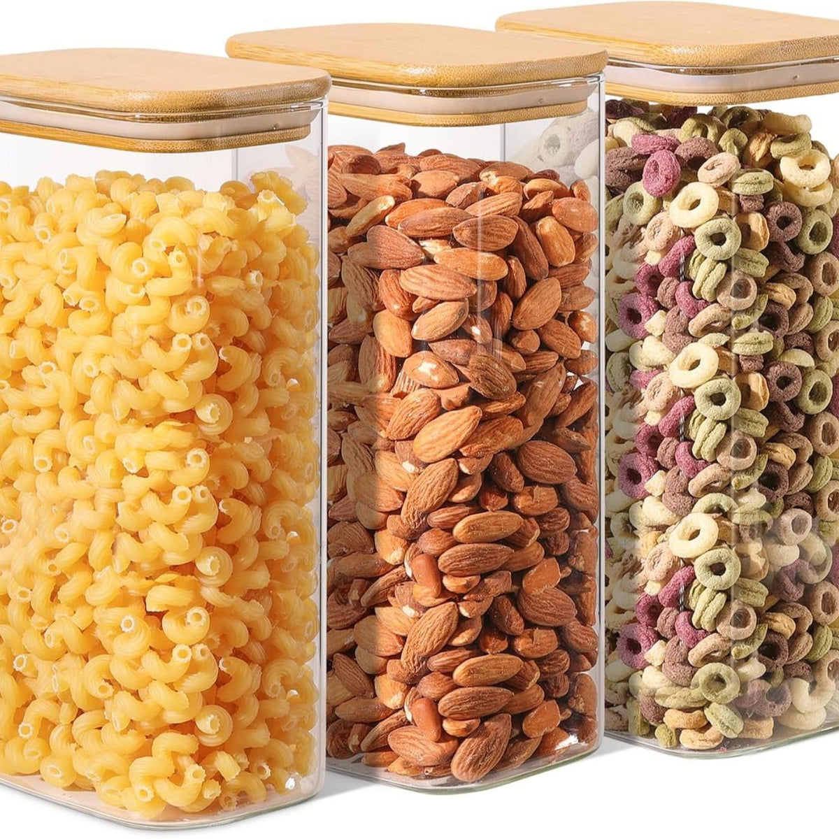 Rectangle Glass Storage Containers with Lids, Glass Jars with Bamboo Lids, Clear Food Storage Jar, Sugar Coffee Containers, Pantry Storage Container for Pasta Flour Oats Nuts