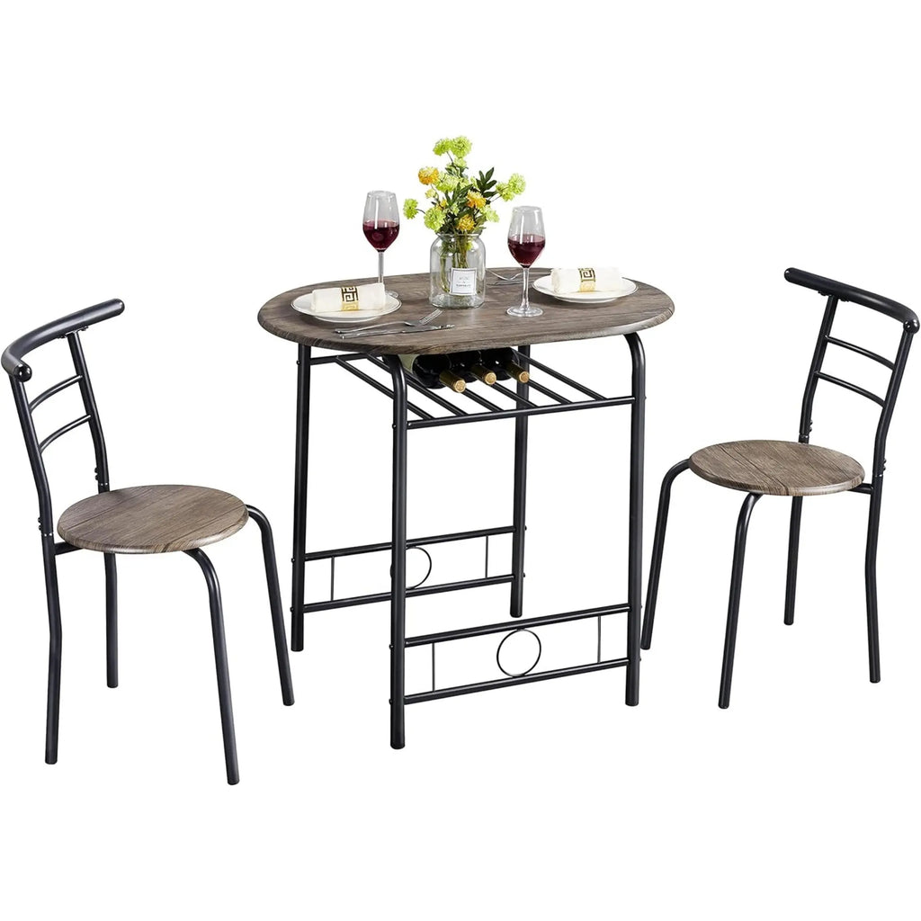 3-Piece Round Dining Table Set for 2 – Compact Breakfast Bar with Chairs, Metal Legs, Shelf & Built-in Wine Rack (Drift Brown)