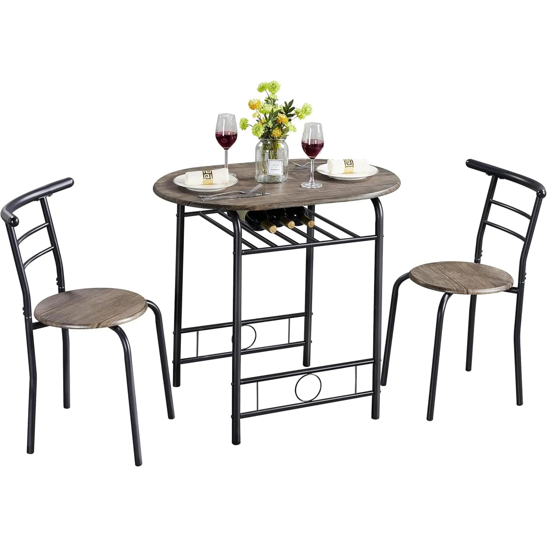 3-Piece Round Dining Table Set for 2 – Compact Breakfast Bar with Chairs, Metal Legs, Shelf & Built-in Wine Rack (Drift Brown)